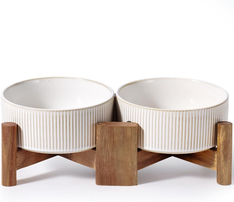 GET STAR Ceramic Dog Bowls Set with Acacia Wood Stand, 3.5 Cups Pet Bowls Set of 2 for Medium Dogs, Cute Dog Food Bowl, Cat Bowls - Image 1